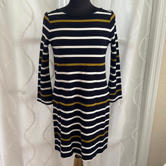 Ann Taylor Dresses & Skirts - Ann Taylor, Black, White & Tan Striped, Long Sleeve Dress, Size Small